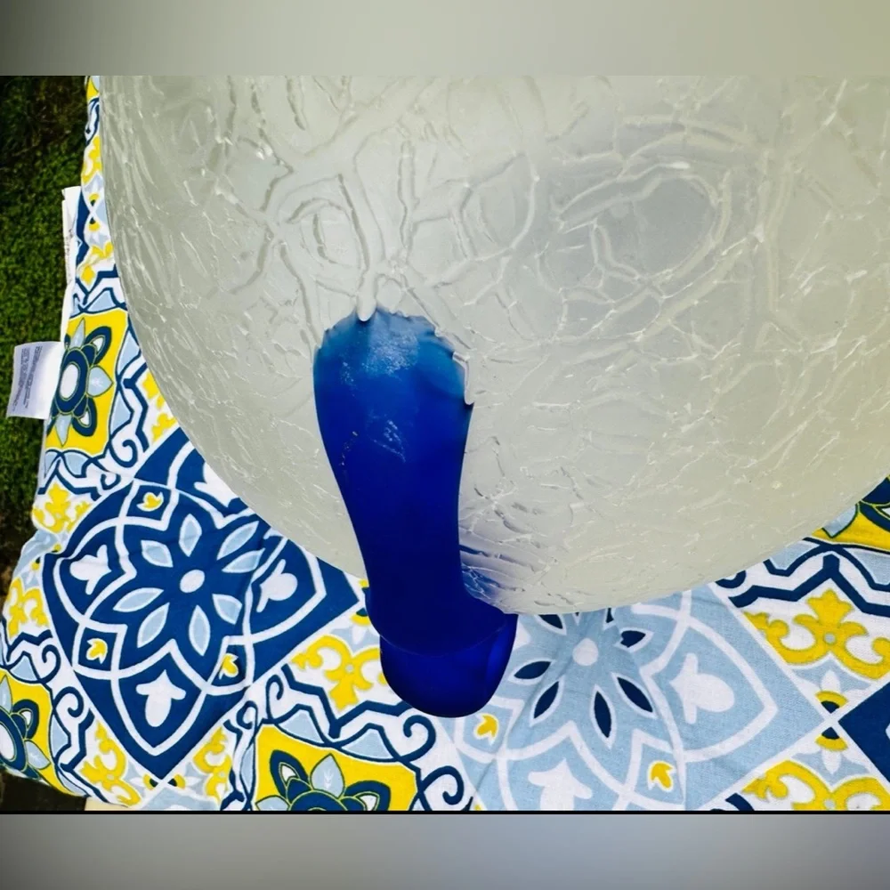 STUDIO ART FROSTED WHITE CRACKLE VASE w/ COBALT BLUE HANDLES